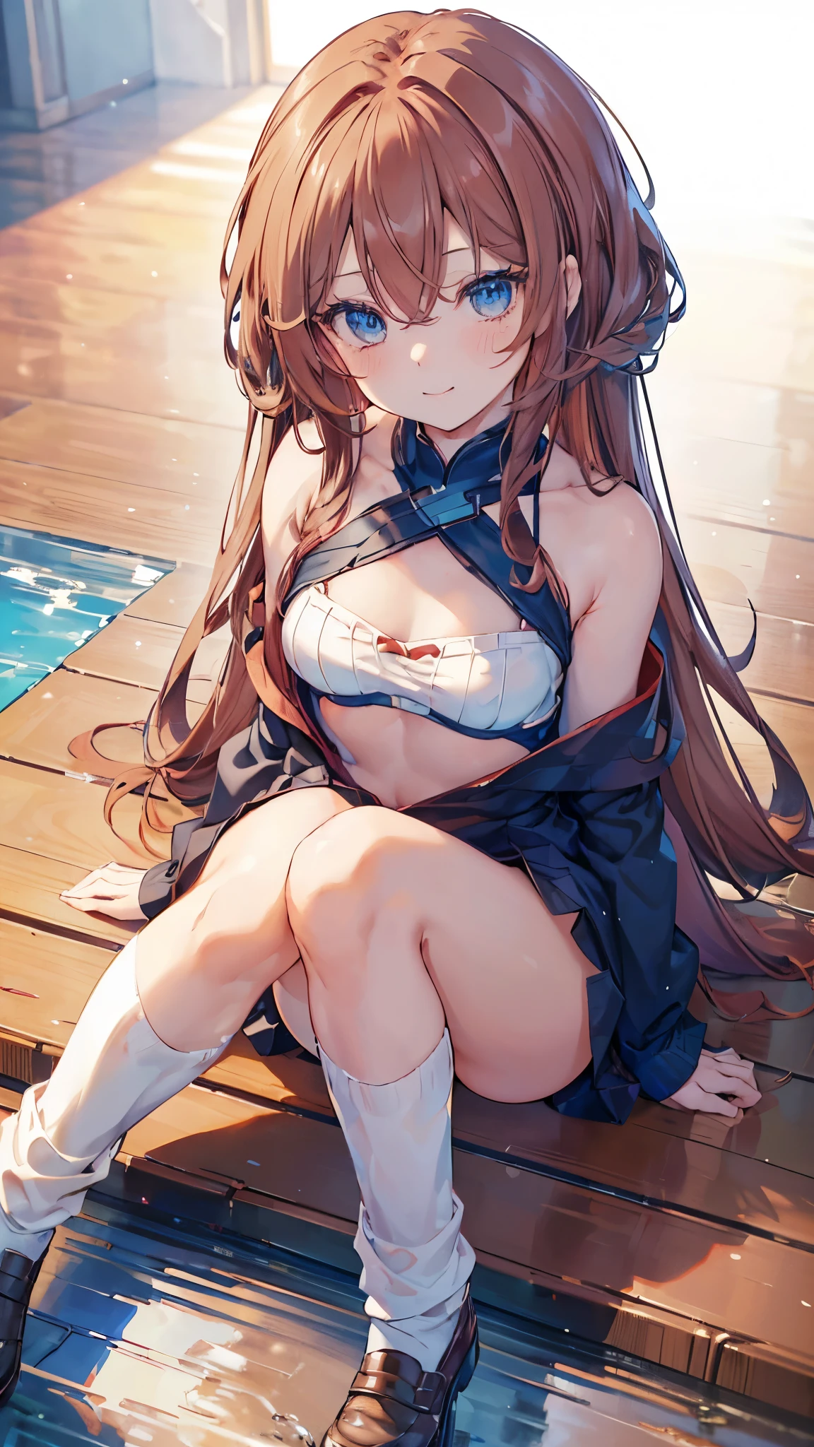 A woman with brown hair, bikini, girl,  labia, table,sittinglegs open, gentle,panties, sailor uniform , wearing a pink and white sailor suit, blue eyes, racing girl, Du Qiong, smile, gentle, covering one eye, light blue eyes, hairpin, halodon't have excessive composition problems, masterpiece, perfect composition, fine characterization black stockings