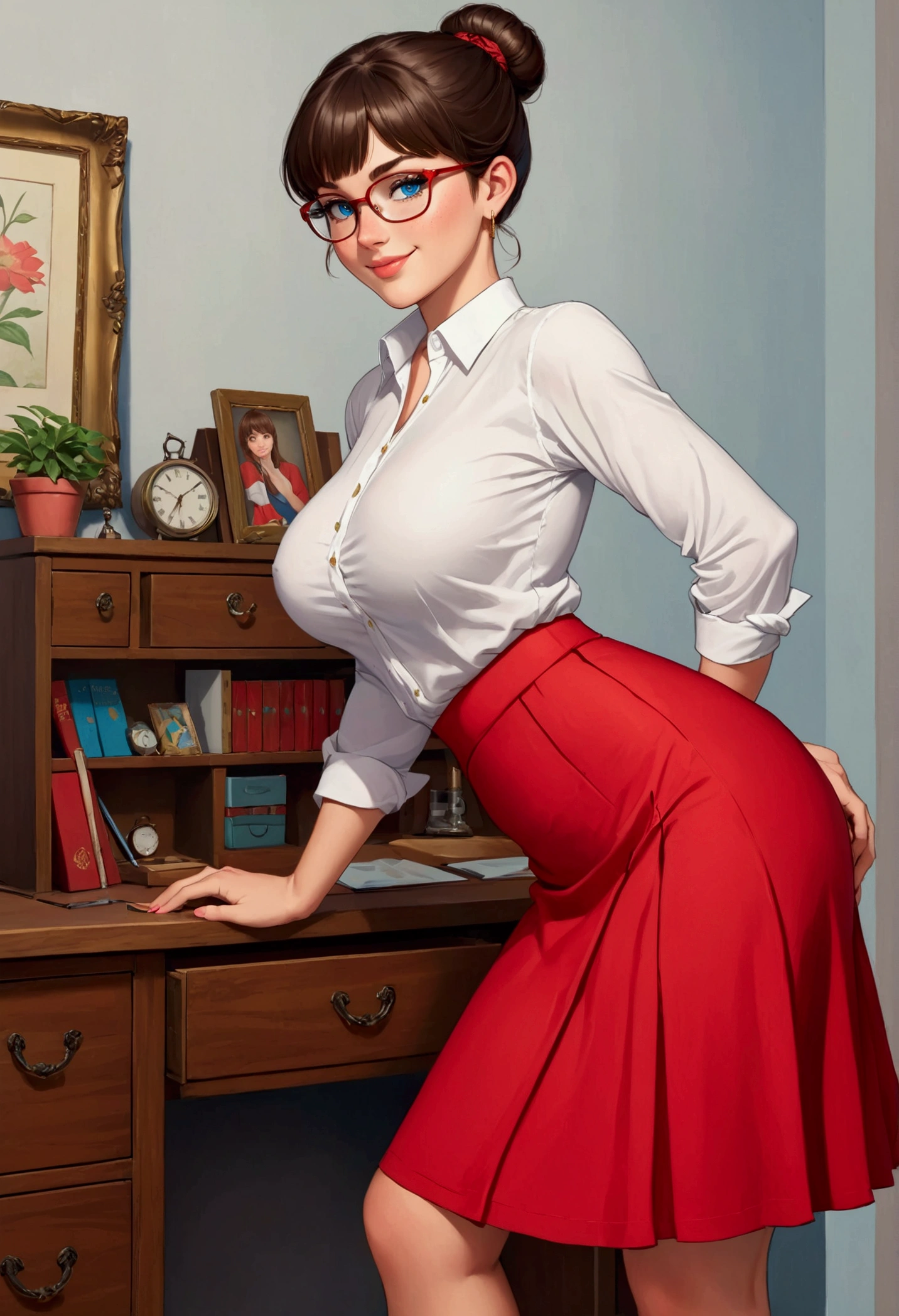 20 years old woman, Short brown hair, Méditerranéenne aux blue eye, Generous and heavy breasts, slender waist, estomac defini, fesses rebondies et pulpeuses, naturally curved, muscular thighs, aguicheuse, in the bedroom, in a long red skirt and a transparent white blouse , lunettes, creole earrings , blue eye