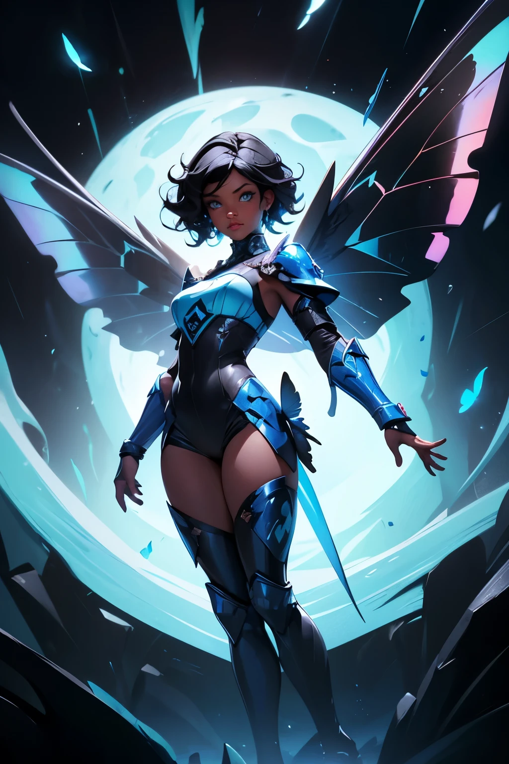 girl, (((black skin))), short hair, wavy blue hair, sky blue eyes, Beautiful face, butterfly wings on the back, blue wings, wearing rpg game clothes, full body pose, FIRST WORK, Detailed, good lighting, 16k, UHD