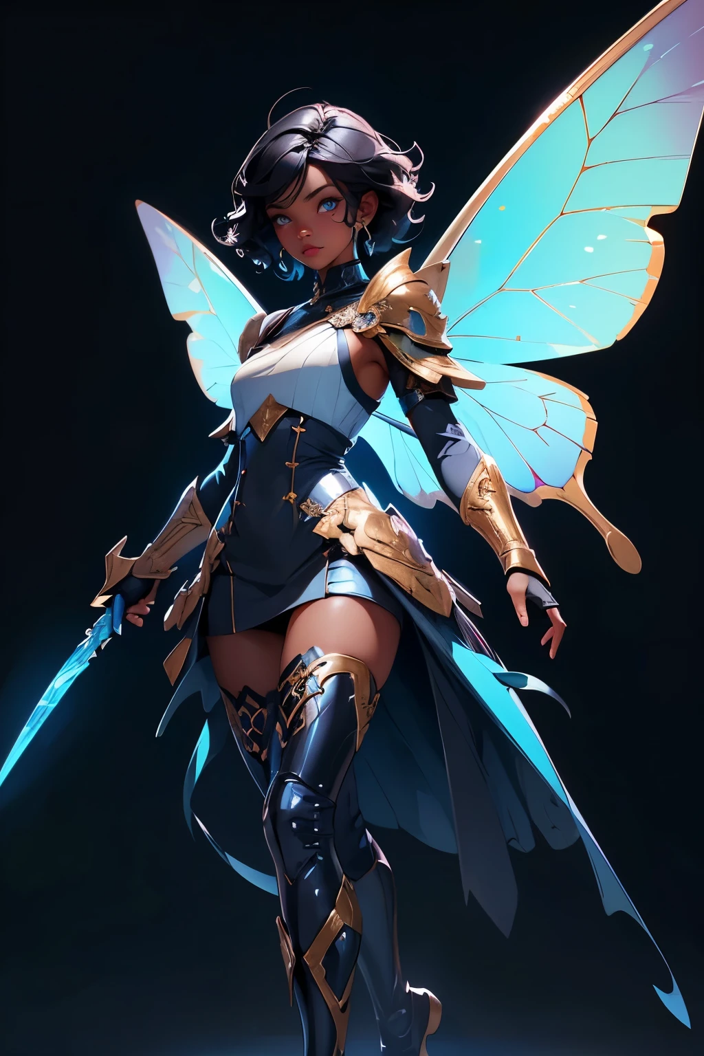 girl, (((black skin))), short hair, wavy blue hair, sky blue eyes, Beautiful face, butterfly wings on the back, blue wings, wearing rpg game clothes, full body pose, FIRST WORK, Detailed, good lighting, 16k, UHD