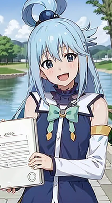 ,anime screenshot,anime coloring,
1girl, long hair, solo, open mouth, smile, upper body, head tilt, blue hair, blue eyes, separate sleeves, black background, hair ornament, outdoor, sun, river, trees, bare shoulders, single hair ring, green bow, facing the viewer, 