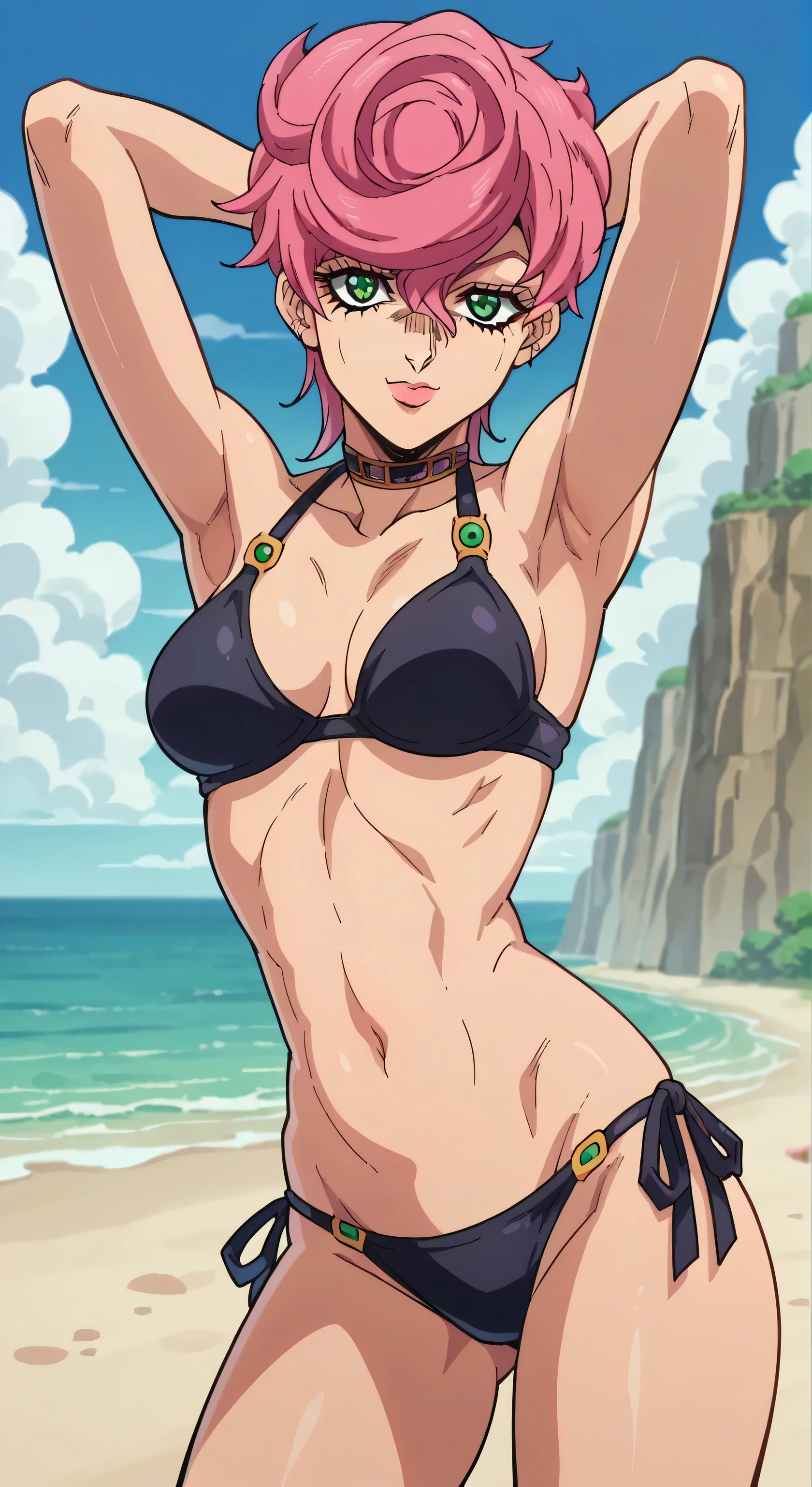 score_9, score_8_up, score_7_up, source_anime, anime screencap, outdoors, day, beach, 1girl, solo, trishjojo, bikini, black bikini, side tie bikini, midriff, thighs looking at viewer, head towards viewer, bare shoulders, bare arms, arms behind head, armpits, smile, closed mouth,