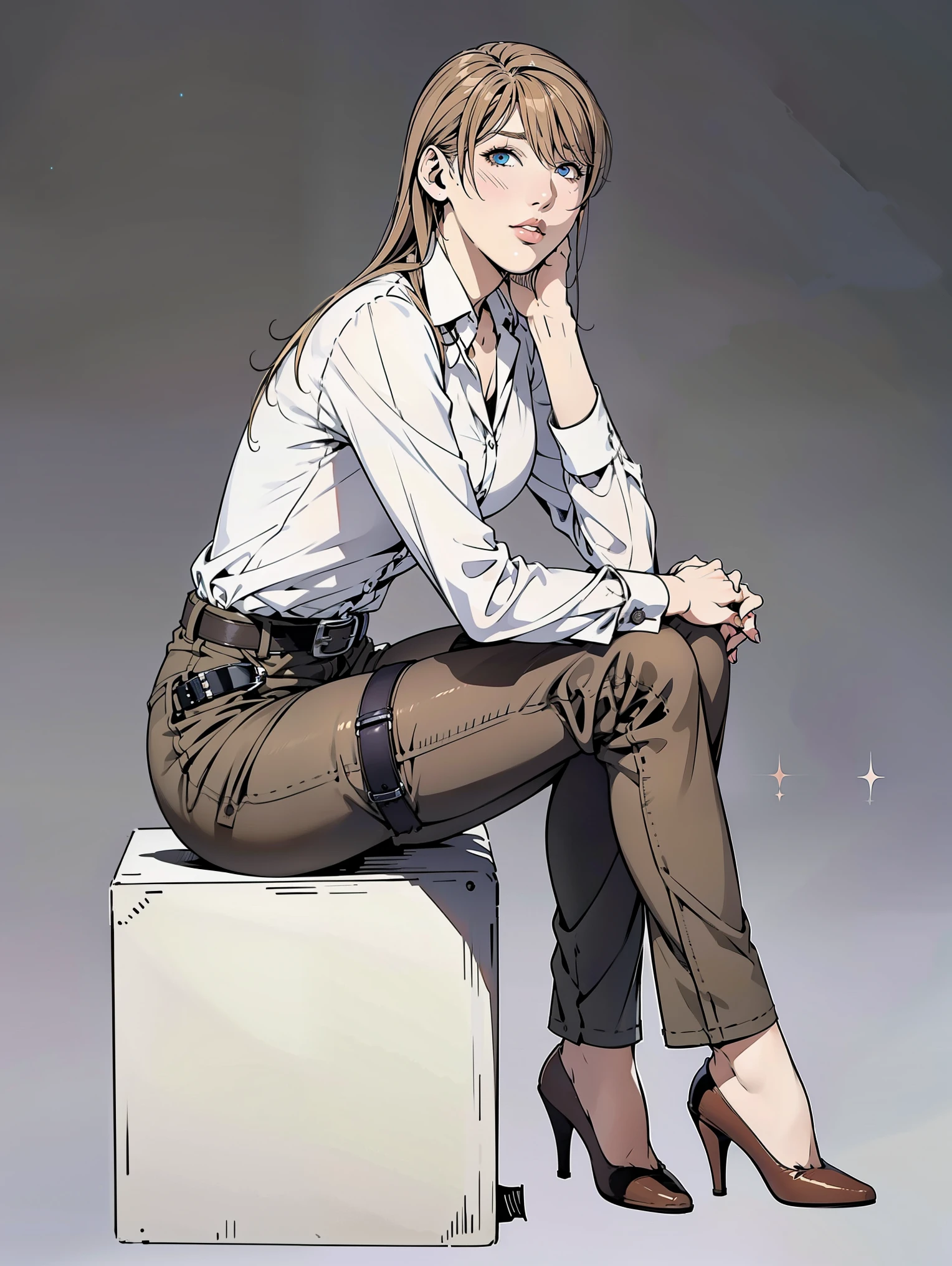 aot style, shingeki no kyojin,, , christa renz,, 1girl, belt, belt buckle, blonde hair, blue eyes, brown footwear, brown pants, buckle, chest belt, collared shirt, diamond (shape), floating hair, from side, full body, grey background, hair between eyes, hands on own thighs, long hair, long sleeves, looking ahead, own hands together, pants, parted lips, shirt, shoes, sitting, solo, sparkle, star (symbol), thigh strap, white shirt, , , ((masterpiece)), best quality, , 