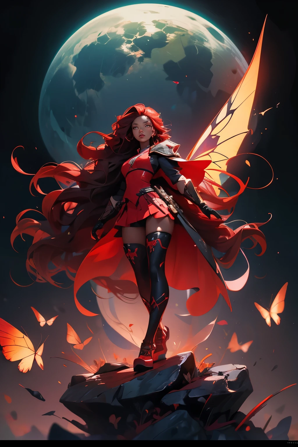 girl, (((black skin))), Long hair, wavy red hair, red eyes, Beautiful face, butterfly wings on the back, red wings, wearing rpg game clothes, full body pose, FIRST WORK, Detailed, good lighting, 16k, UHD