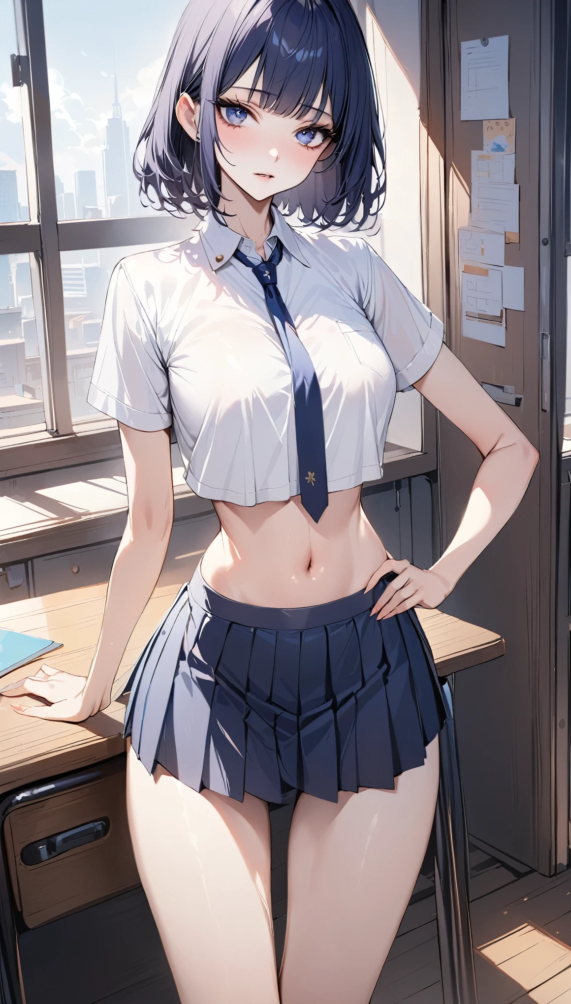 ((masterpiece,Best Quality:1.3,best quality illustrations)),realistic,cowboy shot,portrait,1woman,young adult,(dark blue hair,short bob cut hair),blunt bangs,(very small head),dark blue eyes,((gorgeous big eyes)),(very long body),large breasts,(School制服,collared white shirt,Short sleeve、navel、Navy blue pleated mini skirt,Navy blue tie),(slender body,toned body),standing,Simple chair、Simple desk、classroom、School、