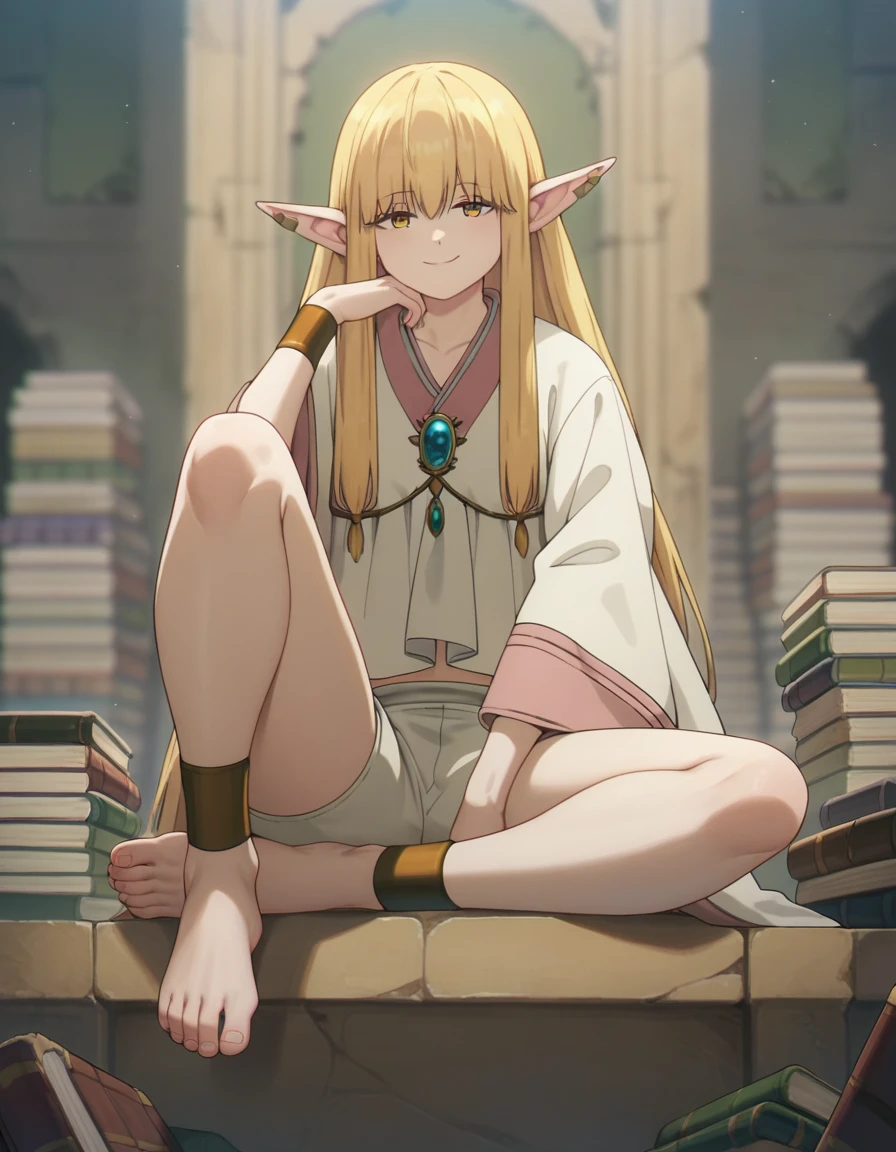 score_9, score_8_up, score_7_up, serie, long hair, blonde hair, pointy ears, yellow eyes, half-closed eyes, white robe, wide sleeves, white shorts, jewelry, anklet, bracelet, ear bar, ear piercing, stone throne, sitting, barefoot, leaning forward, ruins, indoors, too many books, grimoire, smile, depth of field, looking at viewer, from below, right leg up to front, foot focus, showing feet to viewer, teasing