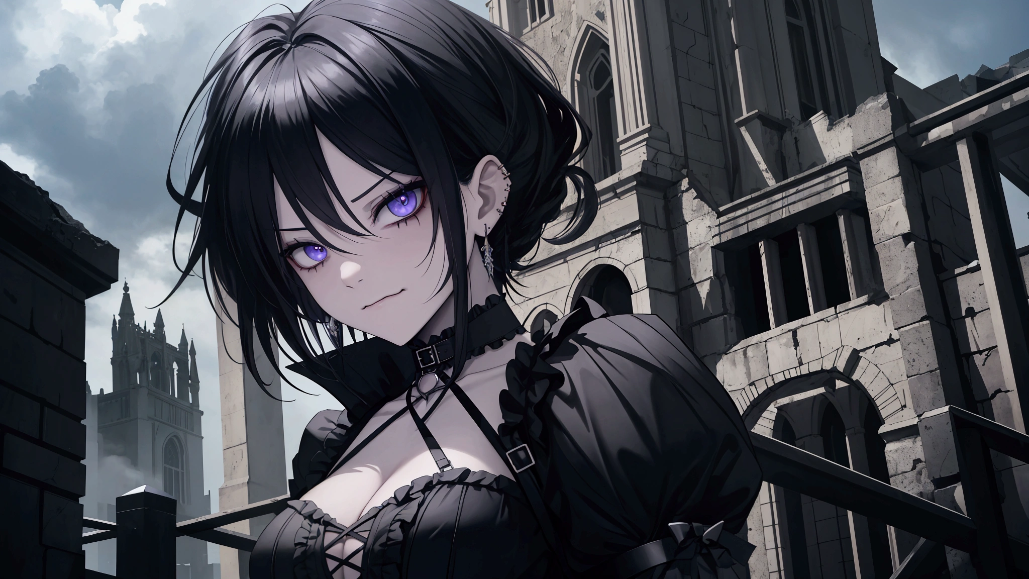 Apocalypse, black hair, gothic, peircing, Beautiful、muscular、Six Pack Abs、(Frills、mini skirt、gothic clothes:1.9)、Facial blemishes、Smirking expression、Dynamic configuration、detailed、Photorealistic、8k、High resolution、Super detailed、Cinematic lighting、Dramatic colors、Concept Art