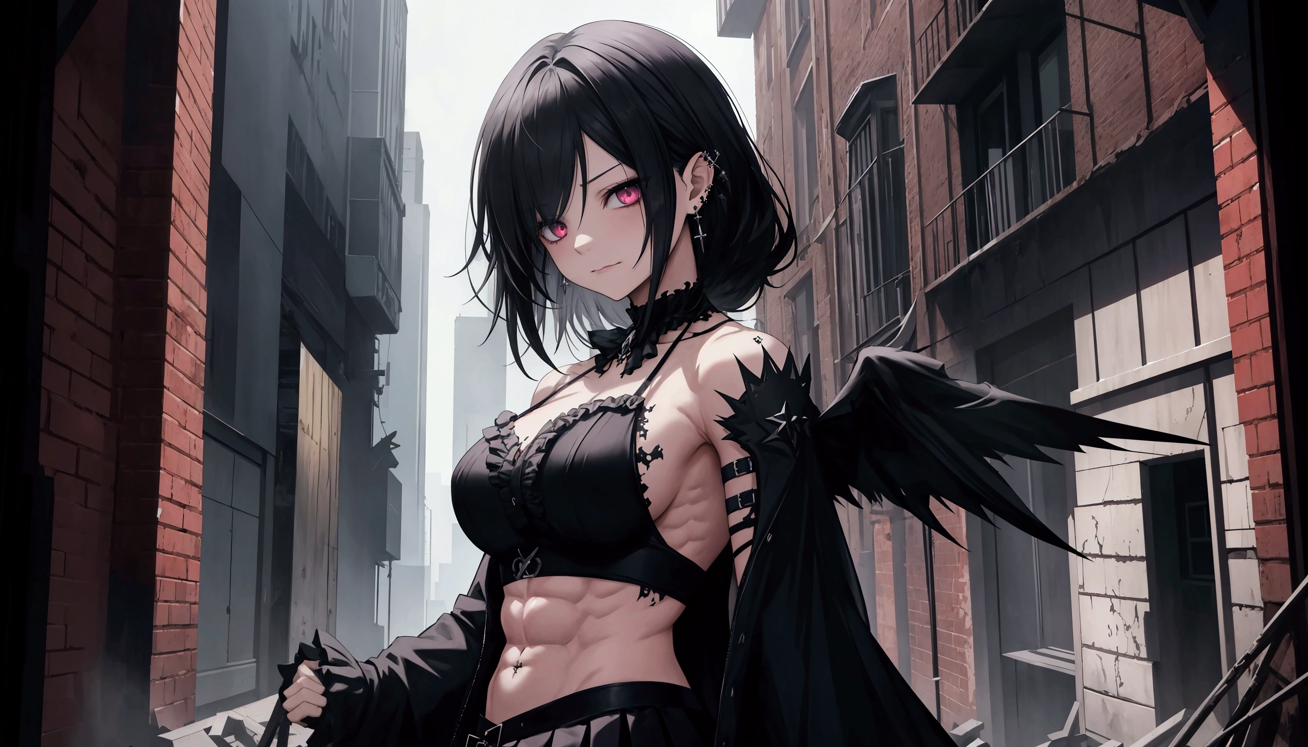 Apocalypse, abandon buildings, black hair, gothic, peircing, Beautiful、muscular、Six Pack Abs、（Frills、mini skirt、gothic clothes：1.9）、Facial blemishes、Smirking expression、Dynamic configuration、detailed、Photorealistic、8k、High resolution、Super detailed、Cinematic lighting、Dramatic colors、Concept Art