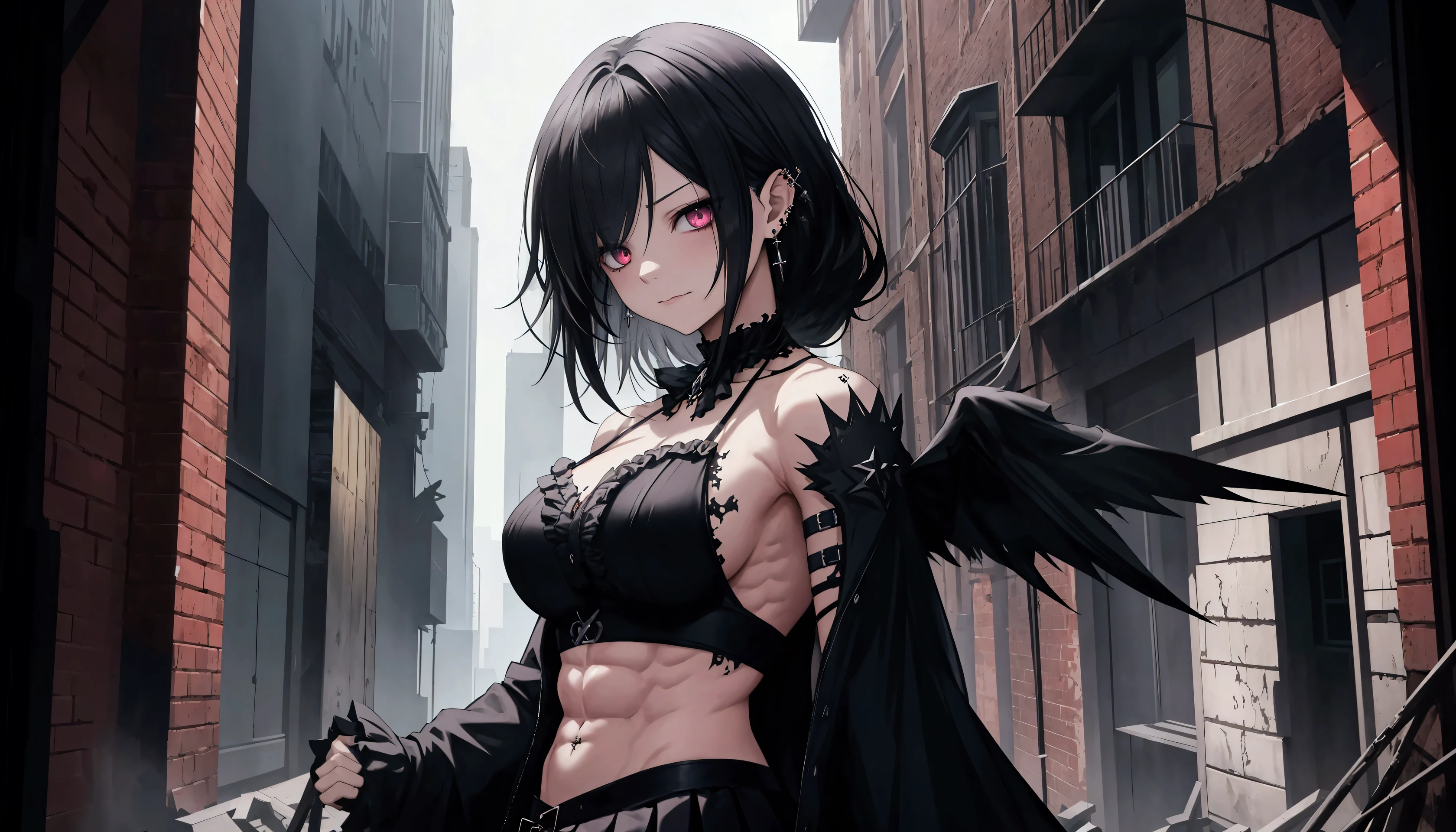 Apocalypse, abandon buildings, black hair, gothic, peircing, Beautiful、muscular、Six Pack Abs、(Frills、mini skirt、gothic clothes:1.9)、Facial blemishes、Smirking expression、Dynamic configuration、detailed、Photorealistic、8k、High resolution、Super detailed、Cinematic lighting、Dramatic colors、Concept Art