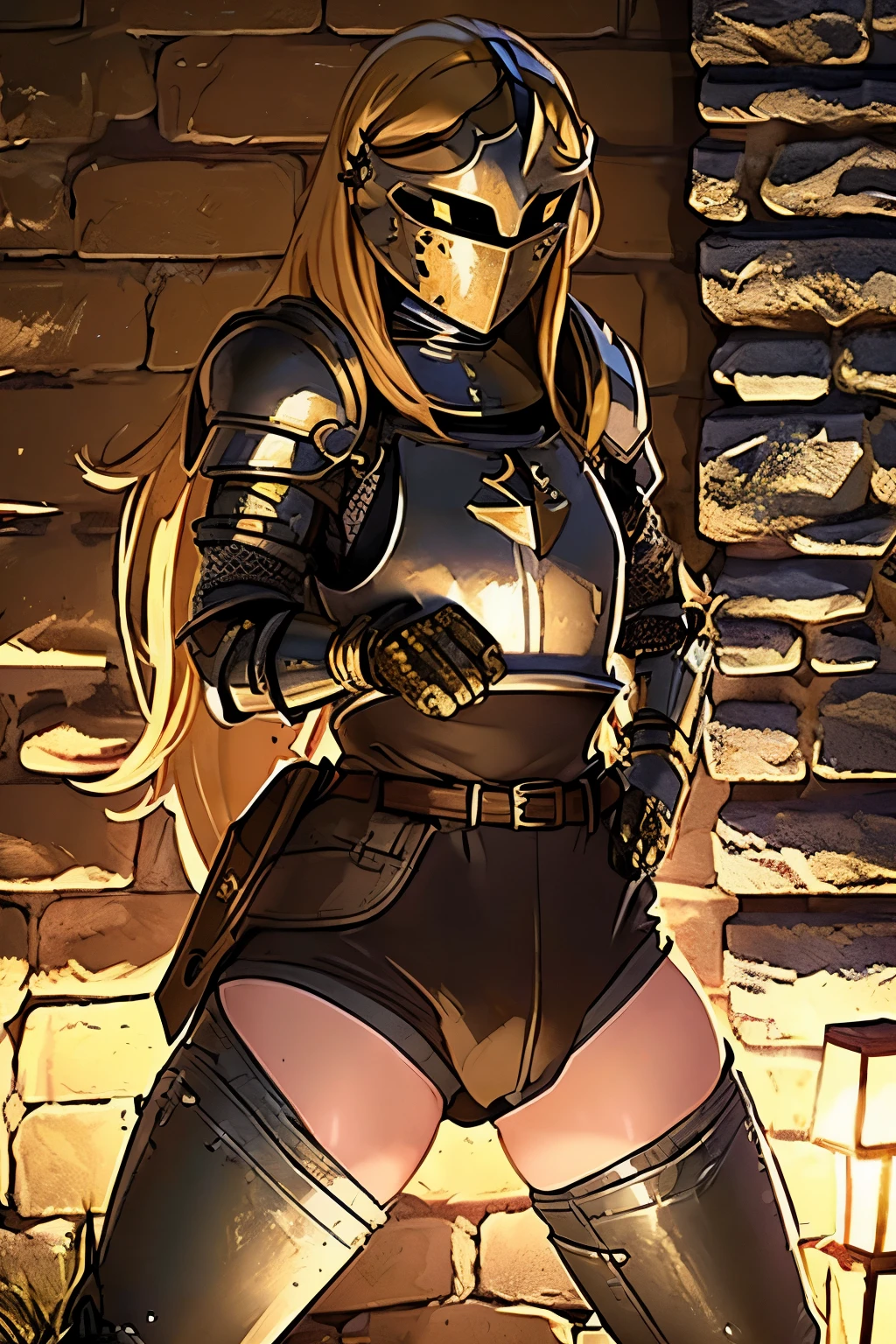 ((ultra-detailed)), (beautiful detailed eyes), (masterpiece), best quality, expressive eyes, perfect face, 1girl, knight, gold armour, white shirt, black shorts, white pantyhose, gold bracers, black gloves, plate armour, knee boots, blonde hair, long hair, knight, paladin, ranger, pirate, knightgirl, armor, rogue, torch, wooden doors, ruins, abandoned, old, moss, stone wall, underground, dungeon, dungeon-background, iron doors, medieval-armor-girl, armored, p line, yoga shorts, retro anime, 1990s anime, (cinematic lighting), (illustration), anime, (((best quality))), best quality