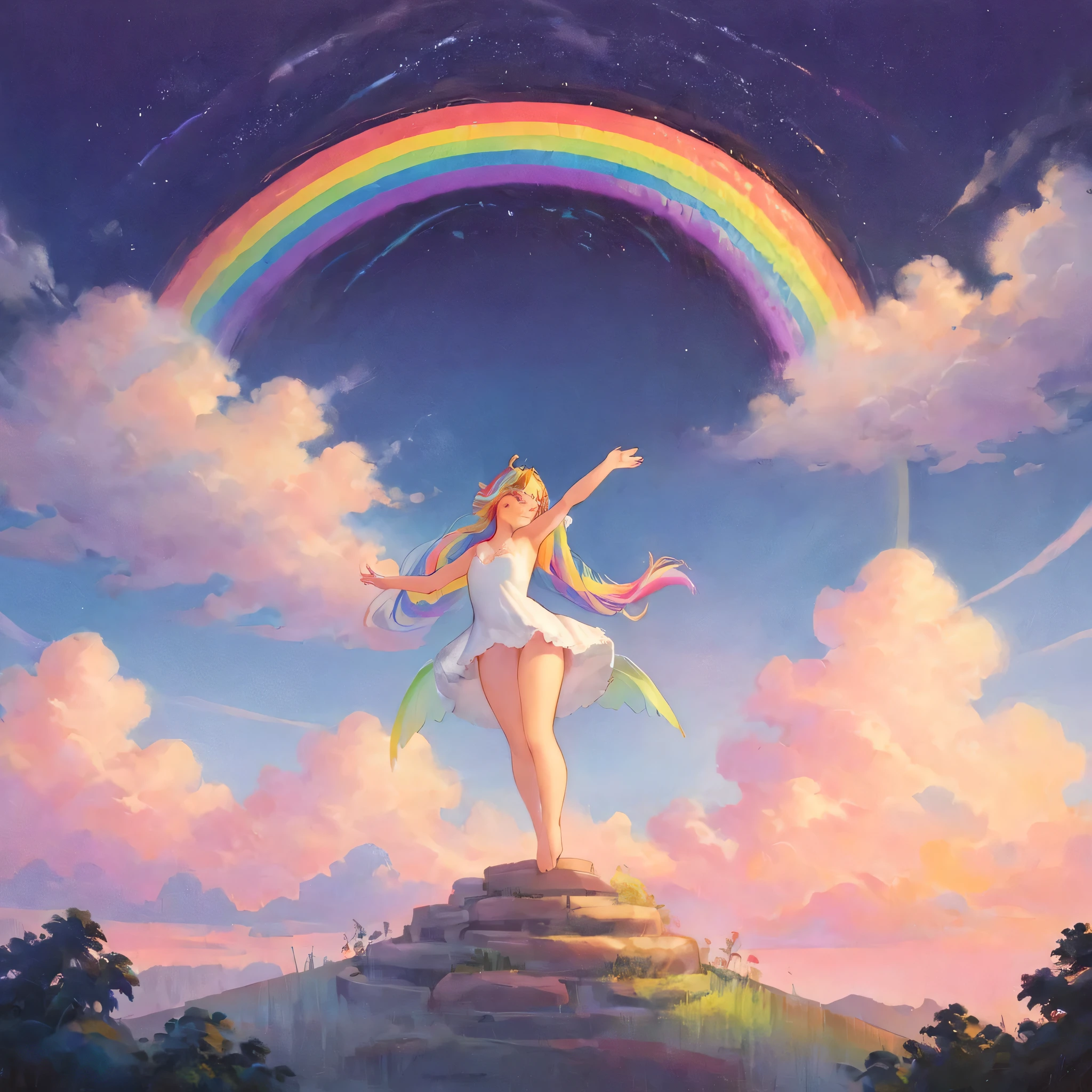 A stunningly ethereal woman, composed of a dazzling array of rainbow hues, reclines gracefully at the end of a radiant rainbow amidst the fluffy clouds in the sky. Bathed in dynamic and enchanting lighting, accentuates her vibrant, full-bodied form. Fantasy art. Masterpiece 