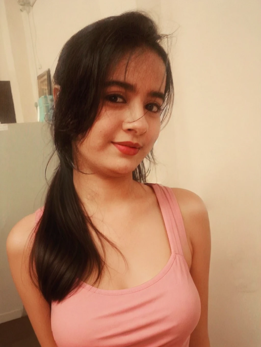 white skin, thick eyebrows, pink plump cheeks, small curvy lips, hunter eyes, perfect nose, middle part hairstyle, long hairs, 20 Years old, pakistani girl, Height 168 cm, Weight 50 kg, Hazel geen Eye Color, Black Hair Color, facing directly towards camera