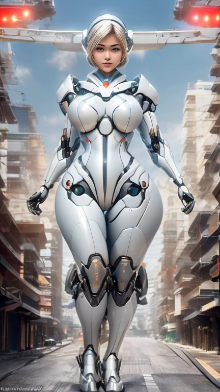 A giant female robot that looks like it came out of a Japanese anime、Perfect style, beautiful female figure、Big Breasts、body:(Seamless, smooth curved surface:1.4)、Highly polished surface、 Metallic luster、Red only、(No machinery or parts visible:1.4)。City at war