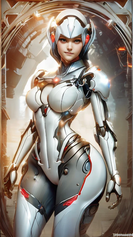 A giant female robot that looks like it came out of a Japanese anime、Perfect style, beautiful female figure、Slender figure、body:(Seamless, smooth curved surface:1.4)、Highly polished surface、 Metallic luster、Red only、(No machinery or parts visible:1.4)。City at war