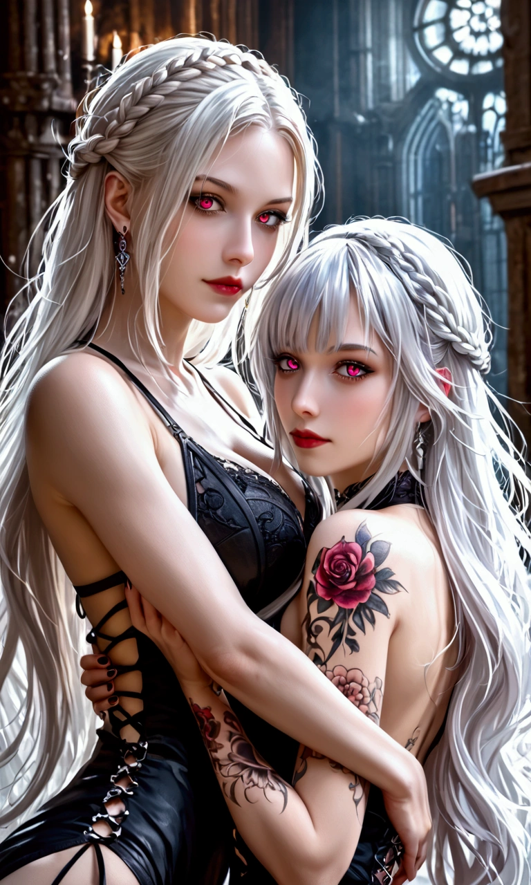 In the middle of forest plane there is beatiful undead ghost female who dance under the stary night sky, she have beatiful face, long silver hair with pink highlights her eyes is emerald green red lipsick and smoky eyes make up, her naked tattooed body cover only with black transparent spider web vail, (ultra high quality fantasy art, dark fantasy style, masterpiece, ultra high quality character design, 8k quality anime art, realistic anime art, top quality wallpaper illustration, detailed ultra high quality accurate face, high quality design and accurate physic)