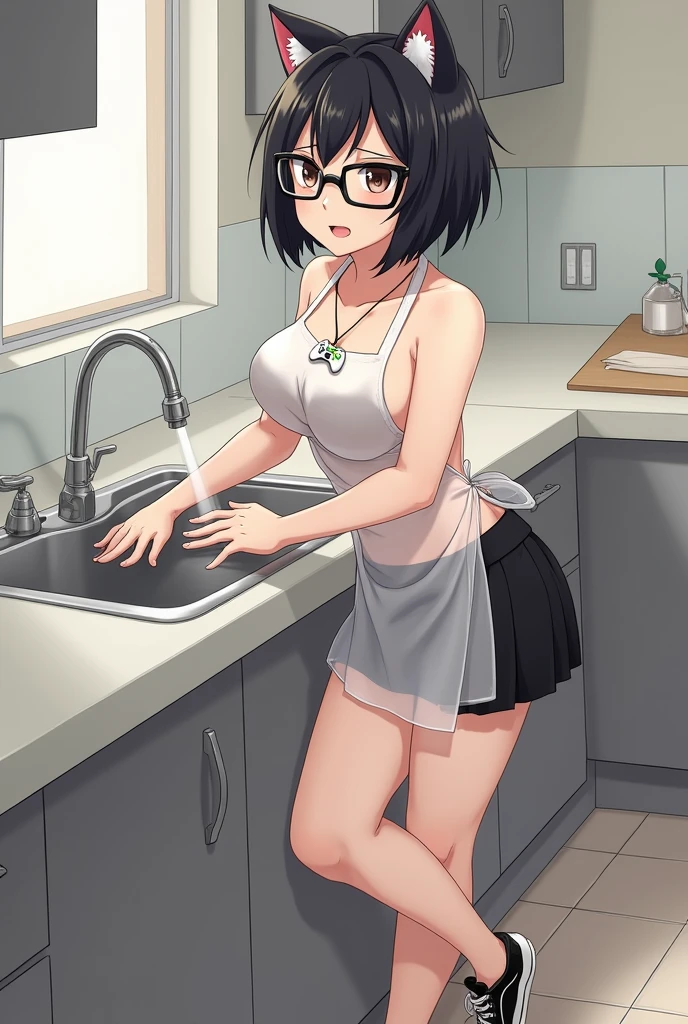 1girl. solo (wearing nothing:1.4), nsfw, large breasts, sajouayaka, black hair, short hair, Blue eyes,, , cooking. classroom, space, nipple, (Sweating profusely, Love juice, Wet Woman, female ejaculation), ,, Peeing, lactation, projectile lactation, crying