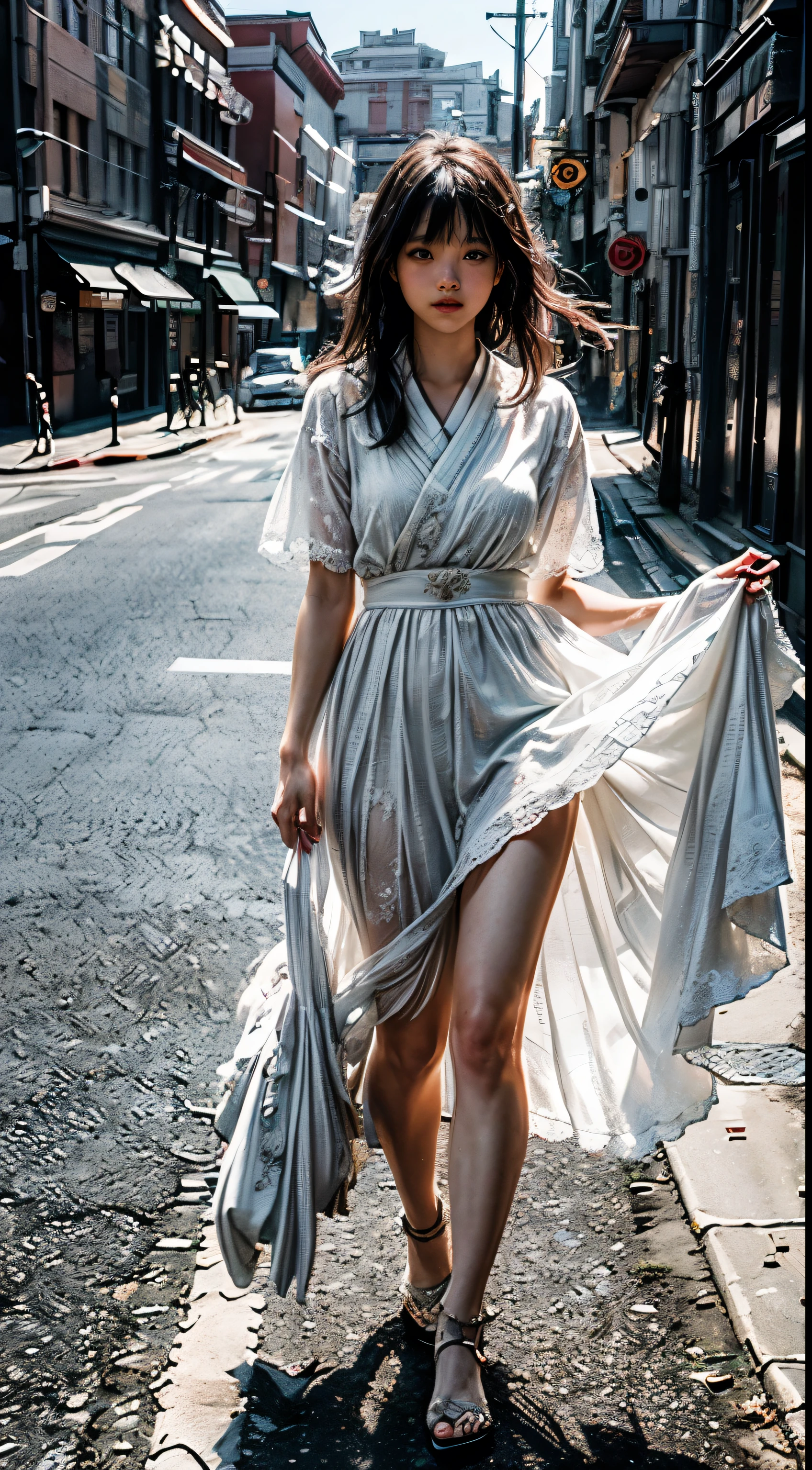 ((Top Quality, 8k, Masterpiece: 1.3)), 1 Girl, Smile, Full Body, Slim Face, Pretty Woman, (Free Hair Color), Free Color Full Length Dresses: 1.1, Stylish pumps, Ultra Detailed Face, Fine Eyes, Double Eyelids, Blurred Background, Slim Face, City, Outside, Street