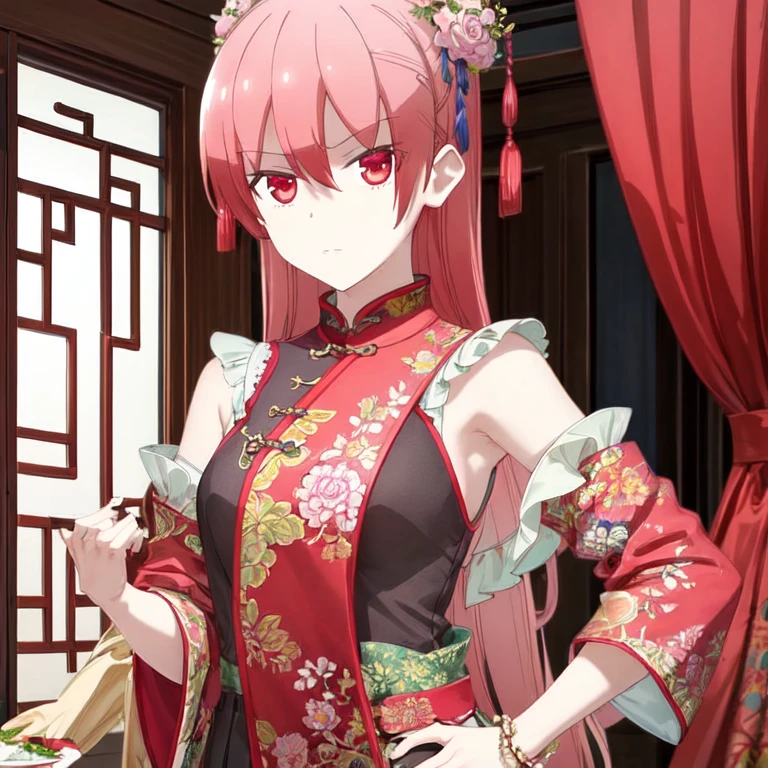 The beautiful dressed as an elegant Chinese idol, in a house, with a serious expression.