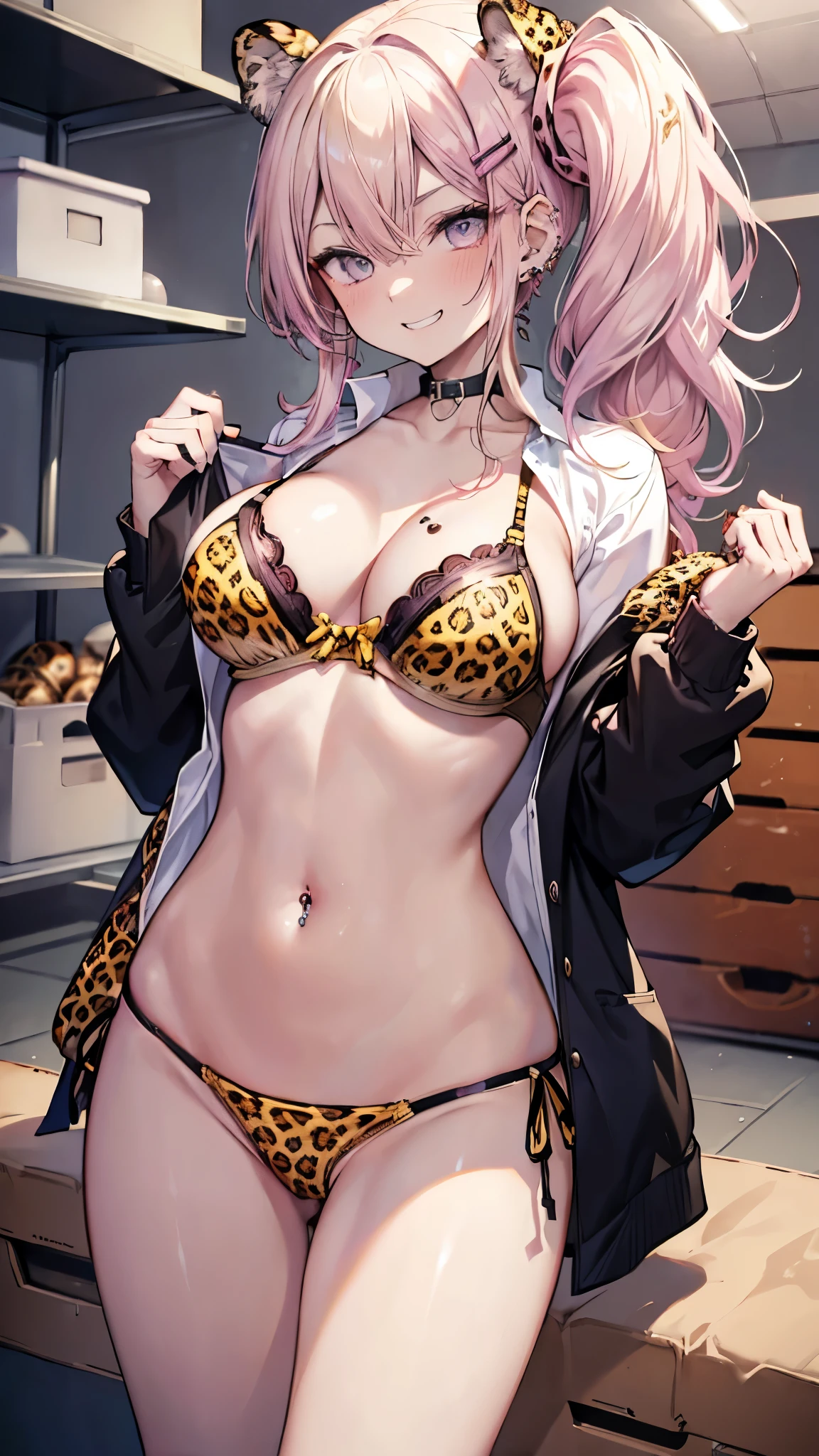 masterpiece, best quality, extremely detailed, 1girl, gyaru, milf, solo, (black skin:2.6), felix argyle, (gigantic breasts:1.3), ((((pink hair), very long hair, yellow eyes, slit pupils, cat ears))), parted lips, (((makeup, tied shirt, open clothes, bikini, leopard print, medium skirt, thighhighs))), ((blush, naughty smile), closed mouth), ((hands on own hips, cityscape))