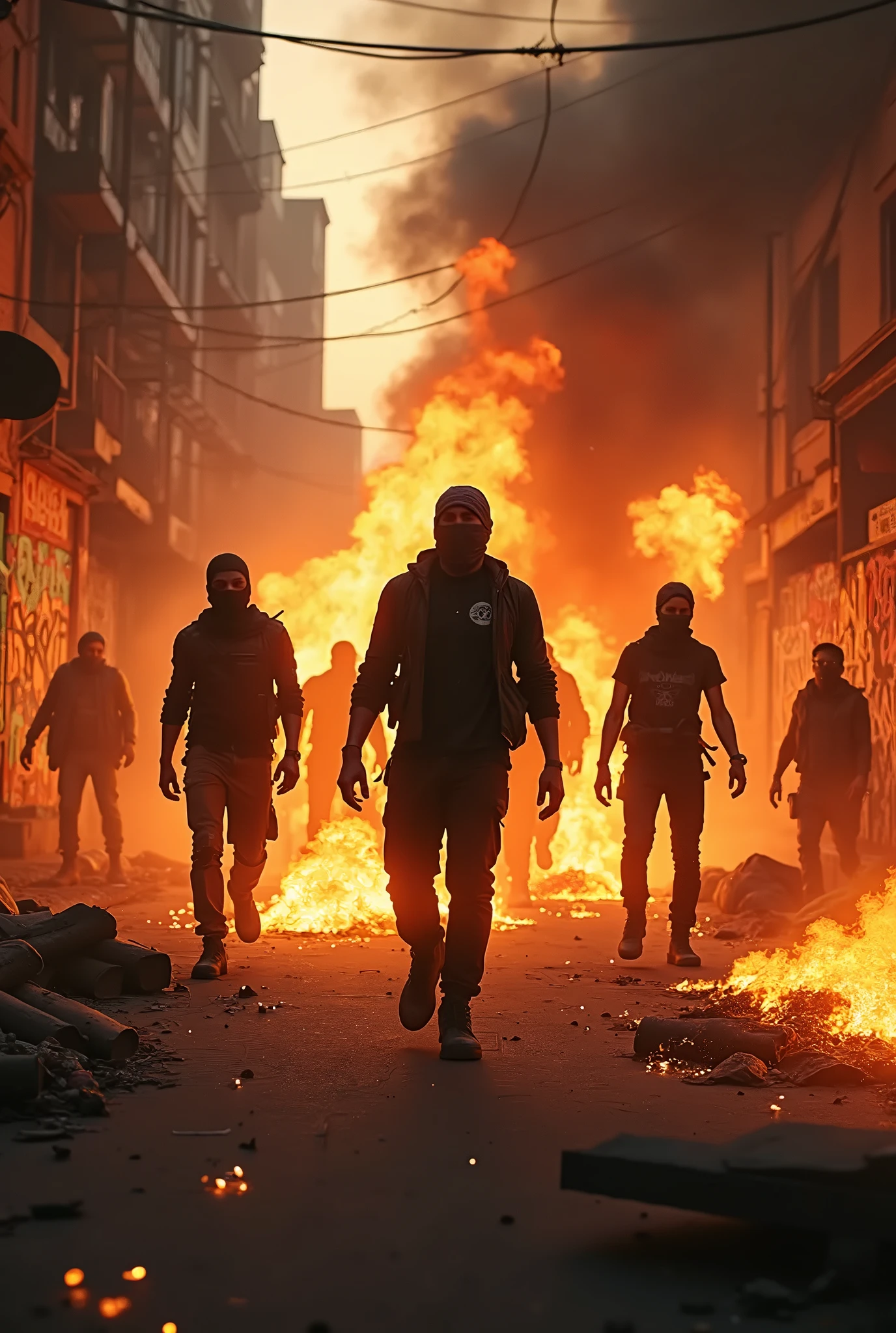 a creepy zombie apocalypse landscape in a horror movie setting with zombies roaming the city, remains of civilization and debris everywhere with remains of war, cinematic, high quality cinema, Chaotic scenario
