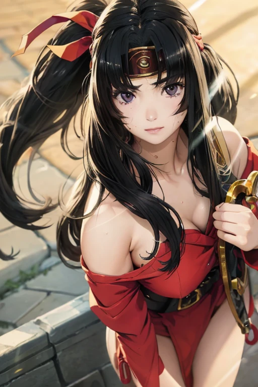 NFSW, ((Masterpiece, best quality, High resolution, HD, pixel perfect, depth of field, 8K, RTX, hdr))cowboy shot, BREAK, 1 girl, single, Tomoe, shiny black hair, long hair, ribbon-trimmed sleeves, headband, looking at the viewer, sexy lips, sexy smile, cowboy shot, alone, beautiful anime girl, beautiful artistic style, BREAK, ANIMATED CHARACTER, Big breasts, Tits, (red thong), ((Akame ga Kill style!)),((by the wide, by black)), (red:1.4, round eyes, Beautiful eyelashes, realistic eyes), big breasts, con neckline, neckline, blush, sweaty thighs, (((body full of sweat, wet on the chest, body covered in bodily fluids))), wears a red band on her head,  japanese clothes, ribbon-trimmed sleeves, BREAK,  The beauty of kimono、Japanese military commander、warrior,  BREAK, in dynamic pose, (((holding a katana sword with one hand))), in martial arts pose in an ancient dojo in Japan, holding a shiny sharp sword, sunlight on the hair, sword glow.