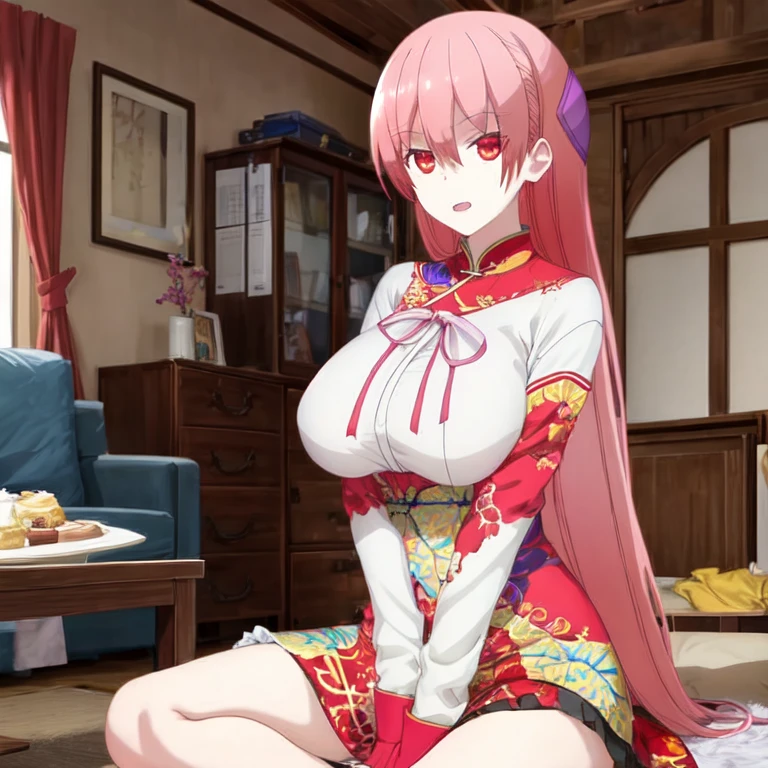 A girl, The beautiful Tsukasa dressed, huge chest, like an elegant Chinese idol, in a house, expression would be
