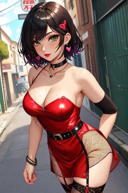 1 futanari girl with penis, (((penis out under dress))), crossdressing, femboy, woman, ladyboy, male focus, testicles, male, man, penis, erection, mole on thigh, green eyes, black hair, short hair bracelet, thighhighs, solo, earrings, jewelry, dress, makeup, choker, fishnets, necklace, mole, hair ornament lipstick, lips, freckles, fishnet thighhighs, heart, bare shoulders, shiny clothes, covered navel, short dress, standing, belt, alley, piercing, cowboy shot, blush, foreskin, day, eyeshadow, parted lips, heart choker, red lips, hoop earrings, sweat, shiny, skindentation, looking at viewer, o-ring, uncensored, otoko no ko, outdoors, 