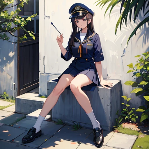 (masterpiece:1.2, best quality), 1girl, young teen, slim, white military outfit, white pleated skirt, (skimpy mini skirt:1.3), skirtlift, upskirt, (no panties), military hat, cadet, smile, blush, sitting by navy ship, anime minimalist, watercolor, (hairy pubes:1.1),