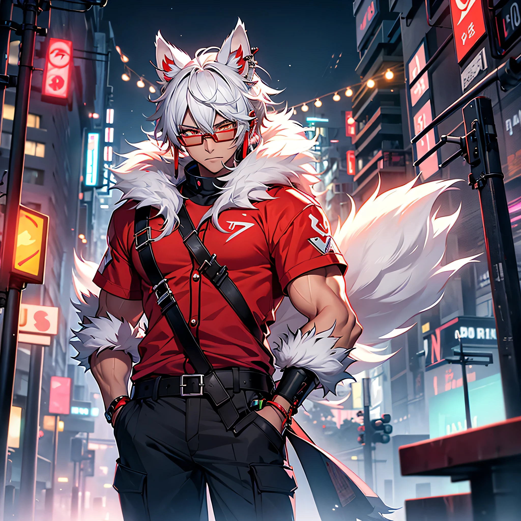 Male with light beard, flowing white hair, has wolf ears, has wolf tail, shirtless, happy, playful, in cyberpunk outfit, has visible outline in pants