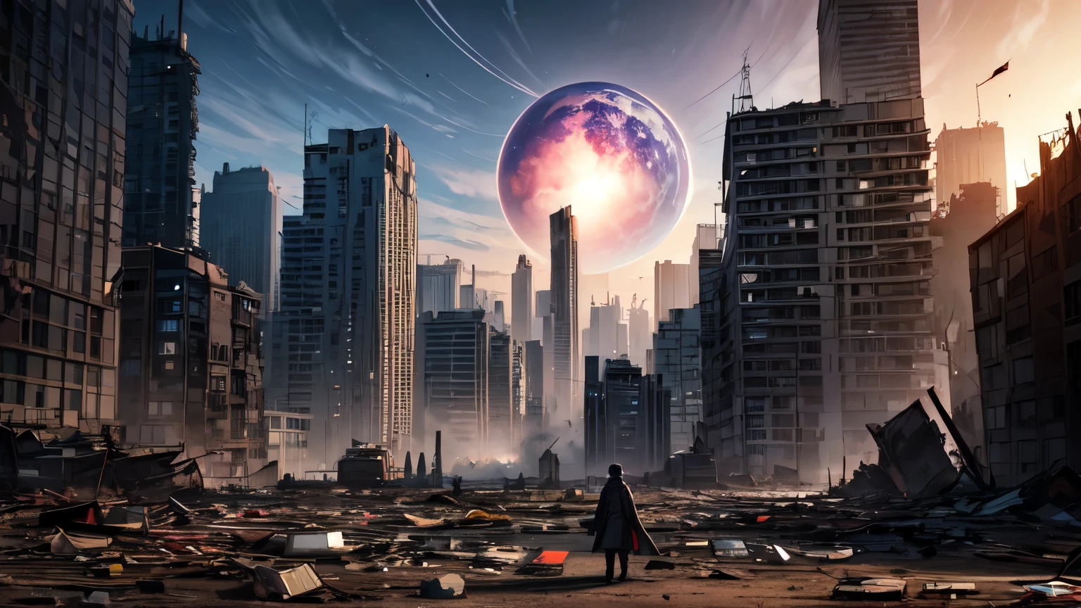 Digital artwork depicting a post-apocalyptic cityscape. The layout features a central figure standing amidst the ruins of a city, with tall, damaged skyscrapers on either side. The figure is silhouetted, wearing a long coat, and facing away from the viewer, looking towards a dramatic sky. The sky is filled with vibrant, swirling colors of blue, purple, and pink, with a large planet and bright light source dominating the upper center. The ground is littered with debris and smoke, adding to the chaotic atmosphere. The overall style is highly detailed and dynamic, with a strong sense of depth and scale.