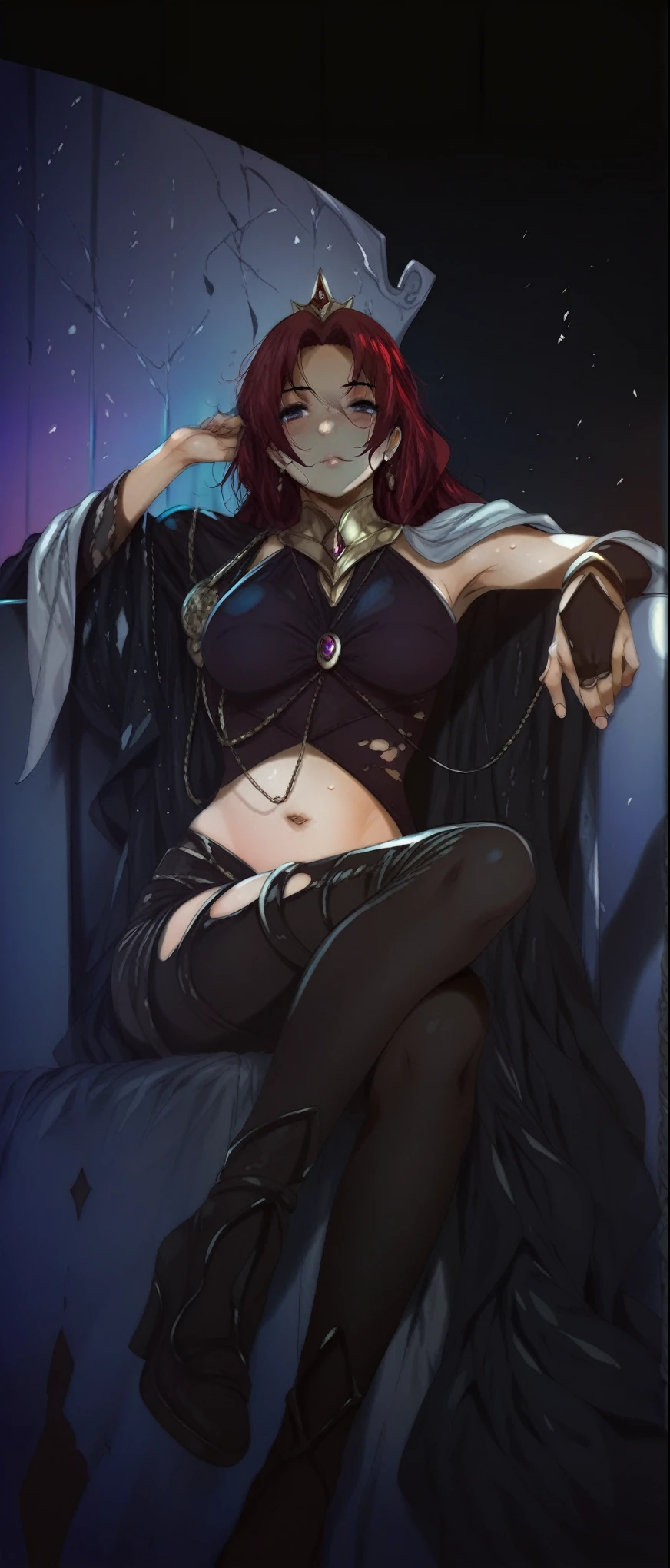 Red hair,girl, sitting on a purple throne,Yoshitakka Amano, by hand, portrait of the girl from the knights of the zodiac, Bastien Yoshitaka Amano, Mizer malice, by Yumihiko Amano, ((a beautiful fantasy empress)), lodoss, Faixa Murata Yoshitaka Amano