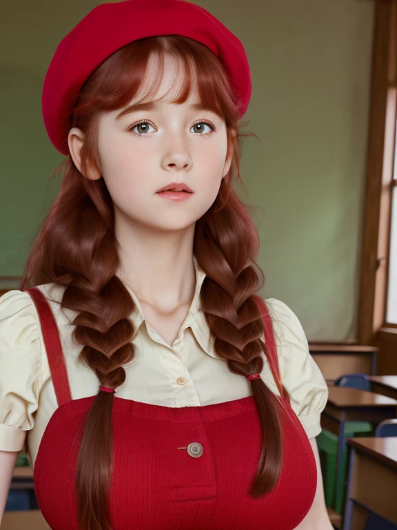 (best quality,4k,8k,highres,masterpiece:1.2),ultra-detailed,(realistic,photorealistic,photo-realistic:1.37), ((classroom, school girl, she wears dress and beret, shy, braided red hair, pale skin)), ((slim body, very large bust size for her young age))