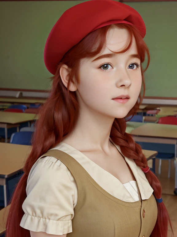 (best quality,4k,8k,highres,masterpiece:1.2),ultra-detailed,(realistic,photorealistic,photo-realistic:1.37), ((classroom, school girl, she wears dress and beret, shy, braided red hair, pale skin)), ((slim body, very large bust size for her young age))