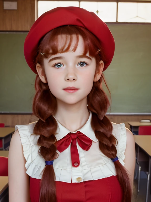 (best quality,4k,8k,highres,masterpiece:1.2),ultra-detailed,(realistic,photorealistic,photo-realistic:1.37), ((classroom, school girl, she wears dress and beret, shy, braided red hair, pale skin)), ((slim body, very large bust size for her young age))