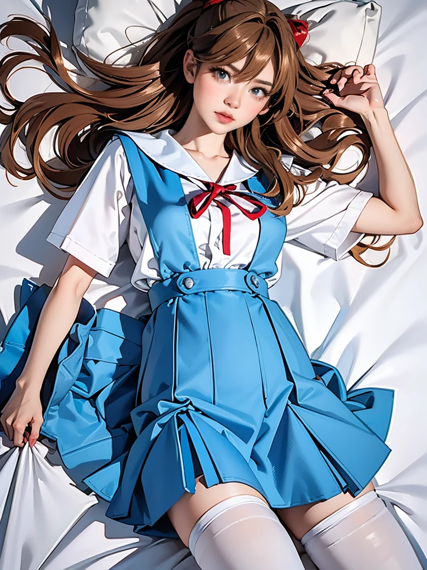 nsfw, ((highest quality, 8k, masterpiece:1.3, Realistic:1.3)), {{Lying in bed, From above, dakimakura}}, Very stylish Japanese high school girl, Single woman,  very light brown hair, With bangs, (Japanese Uniform, socks, Thick thighs,cotton side string thongs), Highly detailed face and skin texture, Beautiful Eyes, Lip details, rocket big breasts、The hair is very well drawn, Facing the children, In the heat, Embarrassed look, Natural Makeup:1.0,Skirt flip,pantyhose,skirtlift,highleg panties,