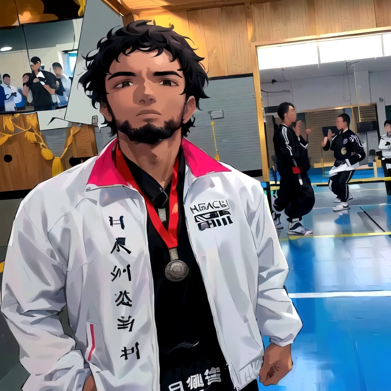 Arafed man in white jacket and black shirt with a medal, ninchaku, in a dojo, mohamed chahin, Wearing a tracksuit, Winning the competition, matoko new, wearing tracksuit, Wearing a tracksuit, Martial arts tournament, in the style of sifu 🔥 😎 🕹️ 👀 :2