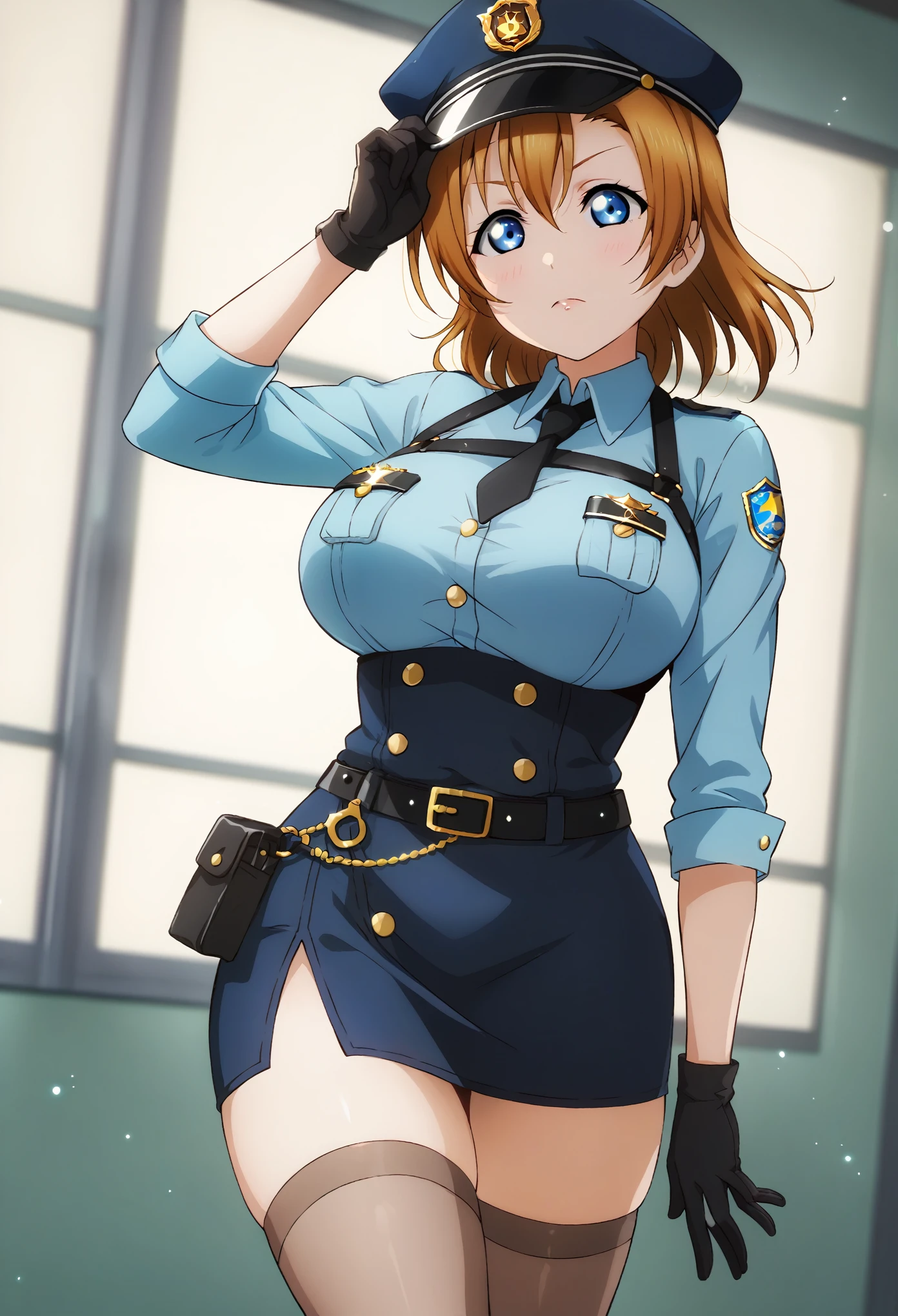 (Masterpiece, Best Quality, High Quality), anime style, love live,kousaka honoka , kousaka honoka,id_honoka_kosaka,love live, solo,blue eyes, brown hair, belt pouch ,black belt ,black necktie ,black skirt ,blue shirt ,chest harness ,collared shirt ,covered navel ,cropped jacket ,double-breasted ,gloves ,gold buttons ,harness ,high-waist skirt ,necktie ,pencil skirt ,police hat ,police uniform ,shirt ,shirt tucked in ,side slit ,skirt ,standing ,thick thighs ,thighhighs, huge breasts