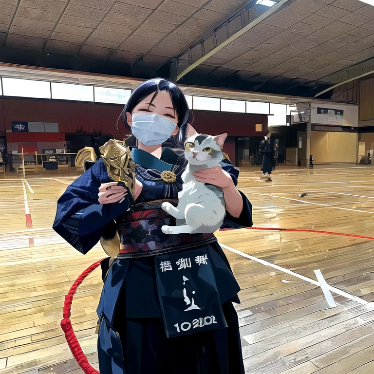 woman in a mask holding a cat and a trophy, Winning the competition, she is holding a cat in her arms, Beautiful young cat, warrior cat, holding a cat, by Maeda Masao, samurai cat, years, By Aguri Uchida, 2022 image of the year, Image of the year 2022