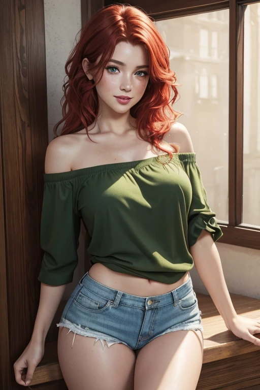 (best quality: 1.2), (high resolution, 4K, 8K), (masterpiece: 1.2), ultra detailed, (realistic, photorealistic: 1.37),  girl. Messy hair, red hair, shy face, blush, eyeliner, realistic lighting, beautiful detailed green eyes, freckles, red lips, smile, (detailed face with perfect symmetry). Medium breasts, glowing skin, perfect anatomy. Short shirt, off the shoulder, short shorts, Sensual movement. full photo just below