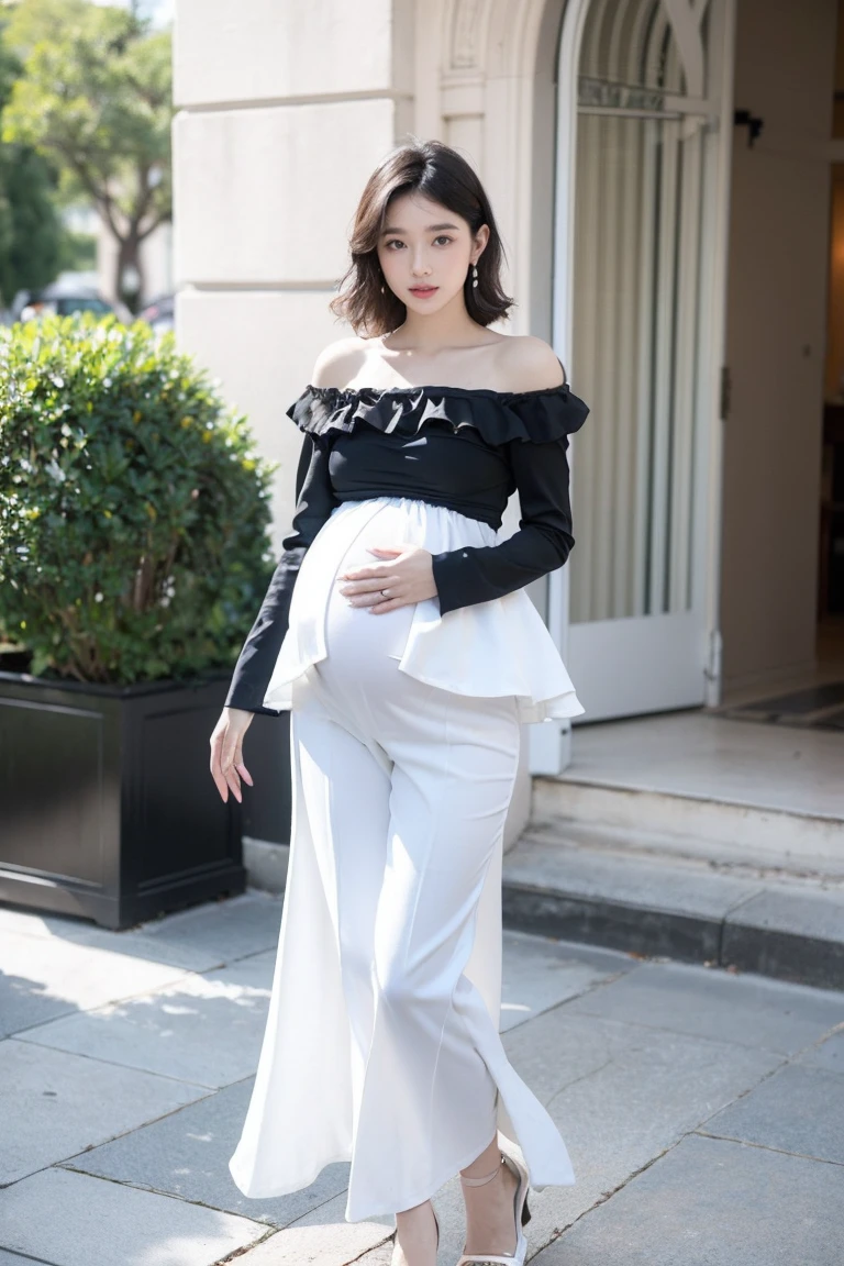 Woman in her 20s, beautiful, ((Fashion Show))、((White peplum top))((Wearing a white long sleeve top、The hem is frilled))((Long Skinny))((Black trousers))（Sandals）（Pregnant women）((Cute ruffles with volume around the stomach))((White fluffy top))（（Ruffled top that spreads from under the chest））（Black Pants）((Pregnant women)) ((Voluminous frills around the stomach))