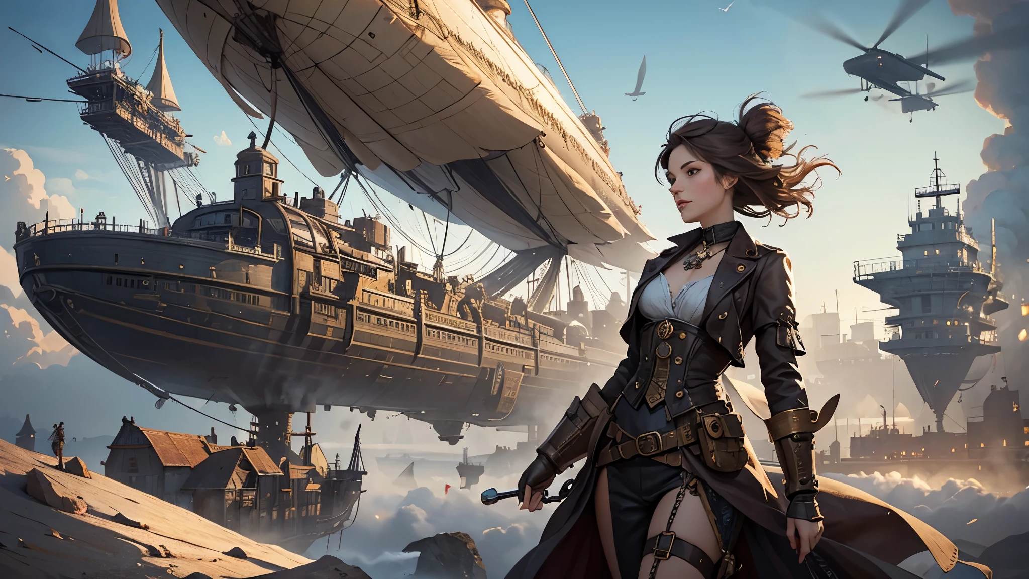 Cinematic scene, hero view, a sexy steampunk female pirate fighting robots on the deck of an airship, action pose, detailed background, masterpiece, best quality, high quality, highres, absurdres, steampunk <lora:steampunk_xl_v1:1>