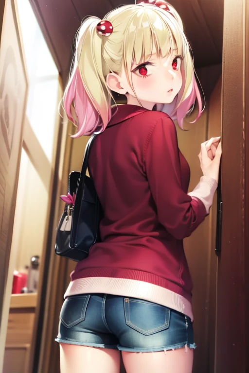 ((masterpiece)),(best quality),official art,extremely detailed CG,unity 8k wallpaper,ultra detailed,beautiful detailed eyes,extremely detailed face,1girl,solo,cowboy shot,looking at viewer,from behind,Put your hands in your pockets,niguredou julia,multicolored hair,gradient hair,pink hair,blonde hair,twintails,food-themed hair ornament,mushroom hair ornament,red eyes,white shirt,long sleeves,denim shorts,shorts rolled up,belt