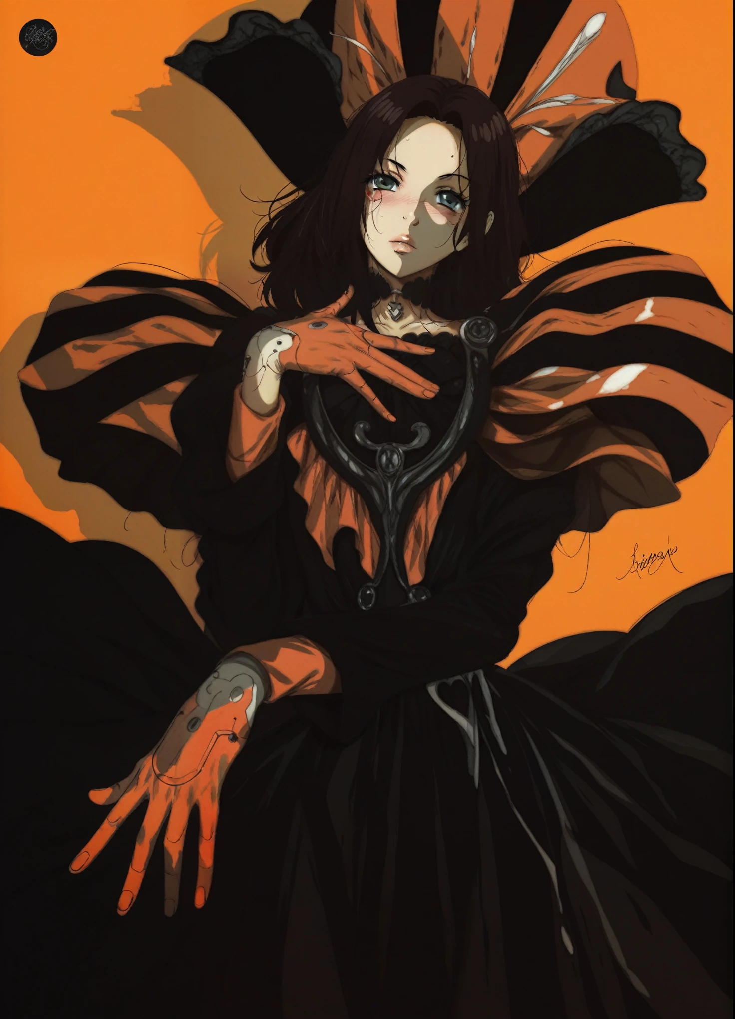 a close up of a woman in a dress with a red and black hat, fashionable dark witch, artbook artwork, rococo cyberpunk, art nouveau cyberpunk! style, gothic art style, yoshitakka amano karol bak, in the art style of bowater, nick knight, rossdraws cartoon vibrant,yoshitakka amano, por amano, retrato da garota dos cavaleiros do zodíaco, Bastien Yoshitaka Amano, malícia mizer, por Yumihiko Amano, lodoss, faixa murata yoshitaka amano