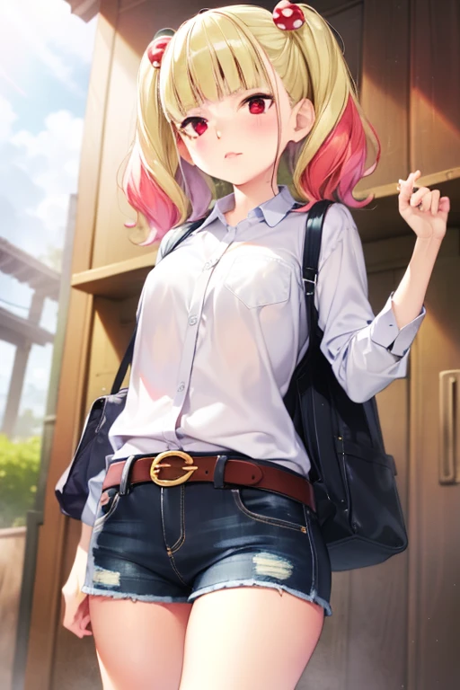 ((masterpiece)),(best quality),official art,extremely detailed CG,unity 8k wallpaper,ultra detailed,beautiful detailed eyes,extremely detailed face,1girl,solo,cowboy shot,looking at viewer,niguredou julia,multicolored hair,gradient hair,pink hair,blonde hair,twintails,food-themed hair ornament,mushroom hair ornament,red eyes,white shirt,long sleeves,denim shorts,shorts rolled up,belt