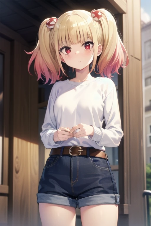 ((masterpiece)),(best quality),official art,extremely detailed CG,unity 8k wallpaper,ultra detailed,beautiful detailed eyes,extremely detailed face,1girl,solo,cowboy shot,looking at viewer,niguredou julia,multicolored hair,gradient hair,pink hair,blonde hair,twintails,food-themed hair ornament,mushroom hair ornament,red eyes,white shirt,long sleeves,denim shorts,shorts rolled up,belt