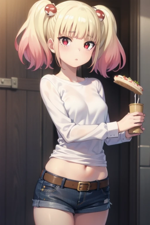 ((masterpiece)),(best quality),official art,extremely detailed CG,unity 8k wallpaper,ultra detailed,beautiful detailed eyes,extremely detailed face,1girl,solo,cowboy shot,looking at viewer,niguredou julia,multicolored hair,gradient hair,pink hair,blonde hair,twintails,food-themed hair ornament,mushroom hair ornament,red eyes,white shirt,long sleeves,denim shorts,shorts rolled up,belt