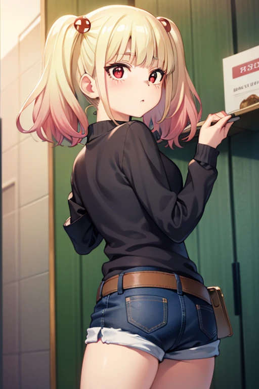 ((masterpiece)),(best quality),official art,extremely detailed CG,unity 8k wallpaper,ultra detailed,beautiful detailed eyes,extremely detailed face,1girl,solo,cowboy shot,looking at viewer,looking back,niguredou julia,multicolored hair,gradient hair,pink hair,blonde hair,twintails,food-themed hair ornament,mushroom hair ornament,red eyes,white shirt,long sleeves,denim shorts,shorts rolled up,belt