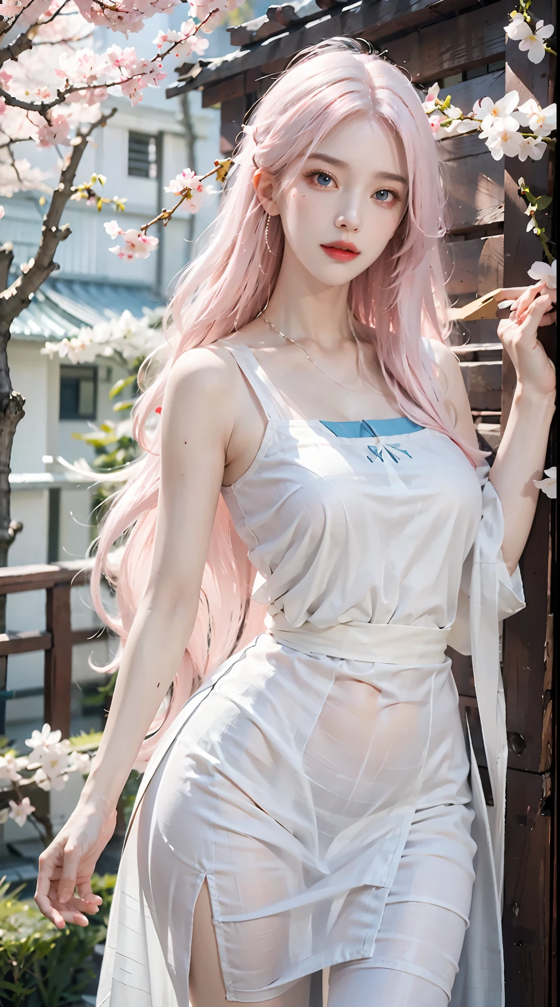 photorealistic, high resolution, 1women, shining skin, solo, hips up, tattoo, jewelry, pink lips, long white hair, blue eyes, closed mouth, red hanfu, cherry blossoms