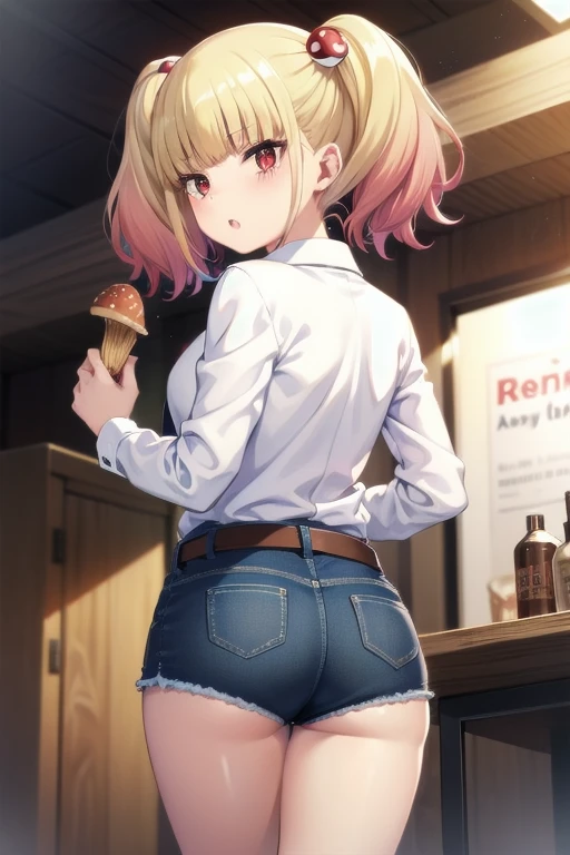 ((masterpiece)),(best quality),official art,extremely detailed CG,unity 8k wallpaper,ultra detailed,beautiful detailed eyes,extremely detailed face,1girl,solo,cowboy shot,looking at viewer,looking back,niguredou julia,multicolored hair,gradient hair,pink hair,blonde hair,twintails,food-themed hair ornament,mushroom hair ornament,red eyes,white shirt,long sleeves,denim shorts,shorts rolled up,belt