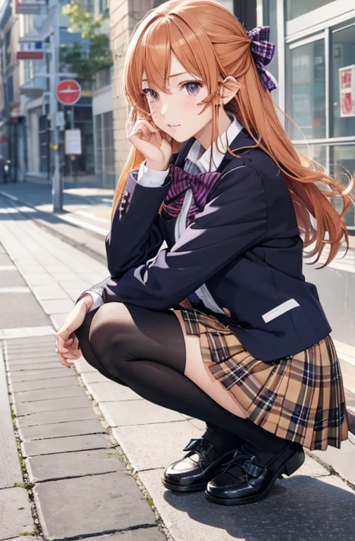 (masterpiece), best quality, expressive eyes, perfect face, highres, 1 girl, solo, erina nakiri, long hair, orange hair, (purple eyes:1.1), hair between eyes,skirt, thighhighs, bow, school uniform, jacket, pleated skirt, shoes, black thighhighs, zettai ryouiki, plaid, plaid skirt, blazer, outdoor backdground, (white panties:1.2), squatting, portrait, looking at the viewer, from frontal